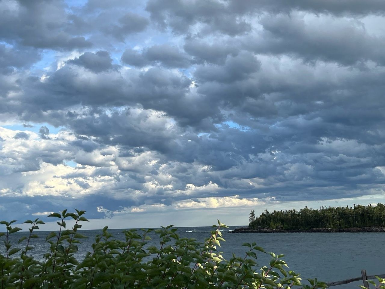 A low wooded point reaching into Lake Superior under heavy gray cloud, seen over shoreline shrubs